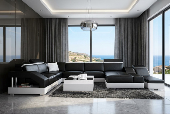 Canapé en cuir Canapé Canapé Paysage vivant Canapé d'angle Suite Design Canapé moderne avec USB