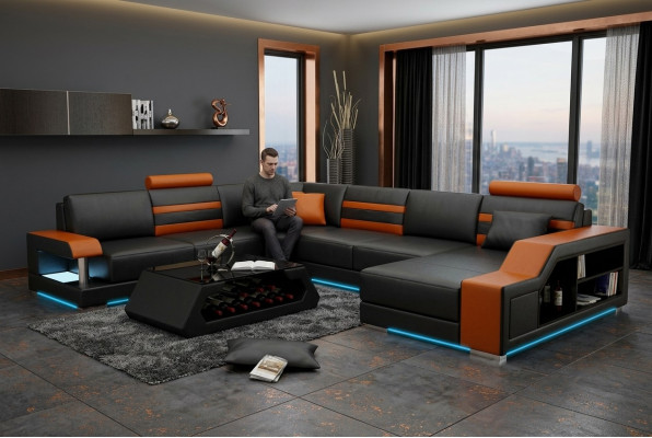 Canapé design Canapé d'angle Paysage de vie avec étagère Rembourrage Siège Suite Canapé en cuir USB