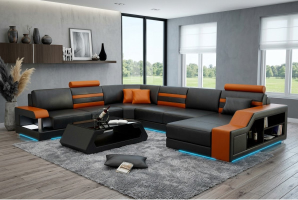 Canapé design Canapé d'angle Paysage de vie avec étagère Rembourrage Siège Suite Canapé en cuir USB
