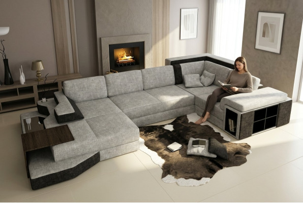 XXL Design Grand canapé avec USB Canapé d'angle Canapé Wohlandschaft en forme de U Cuir Textile Angle.