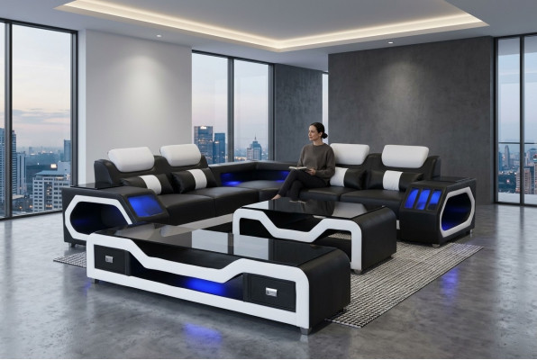 Canapé en cuir paysage vivant Ensemble d'angle Design Canapé moderne avec USB + Table basse