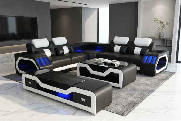 Canapé en cuir paysage vivant Ensemble d'angle Design Canapé moderne avec USB + Table basse