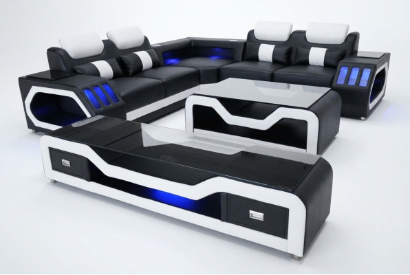 Canapé en cuir paysage vivant Ensemble d'angle Design Canapé moderne avec USB + Table basse