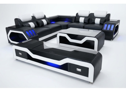 Canapé en cuir paysage vivant Ensemble d'angle Design Canapé moderne avec USB + Table basse