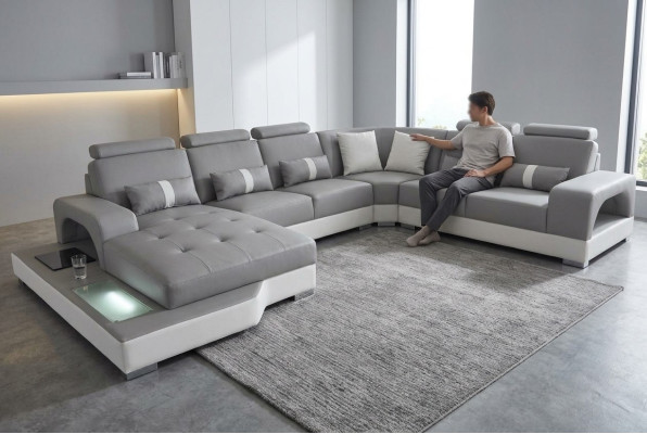 Canapé d'angle en cuir Ensemble de paysage vivant Design Moderne avec prises USB et LED nouveau