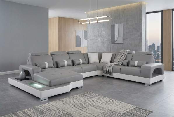 Canapé d'angle en cuir Ensemble de paysage vivant Design Moderne avec prises USB et LED nouveau