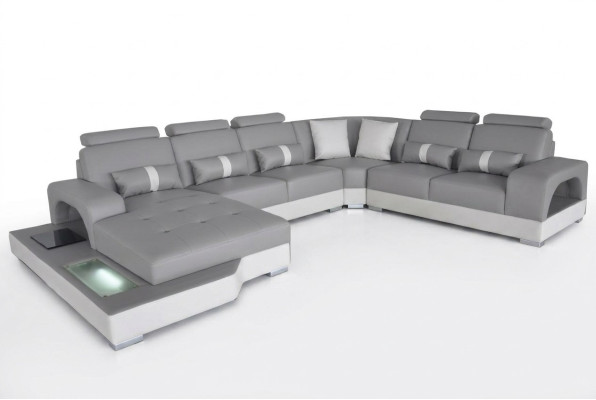 Canapé d'angle en cuir Ensemble de paysage vivant Design Moderne avec prises USB et LED nouveau