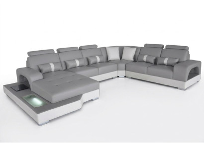 Canapé d'angle en cuir Ensemble de paysage vivant Design Moderne avec prises USB et LED nouveau
