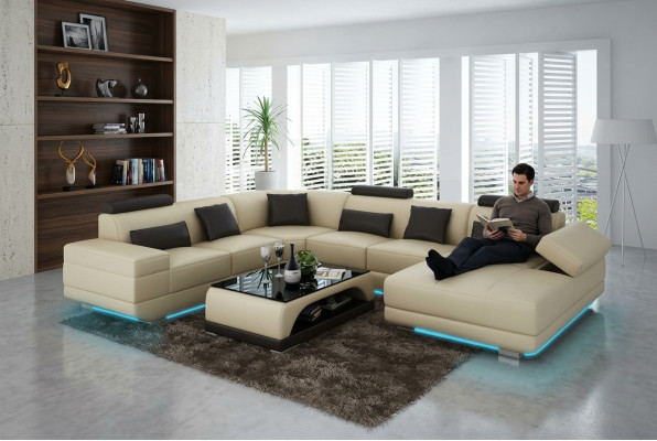 Canapé en cuir Canapé Canapé d'angle Canapé d'angle Ensemble de coins Design Moderne Canapé Beige USB