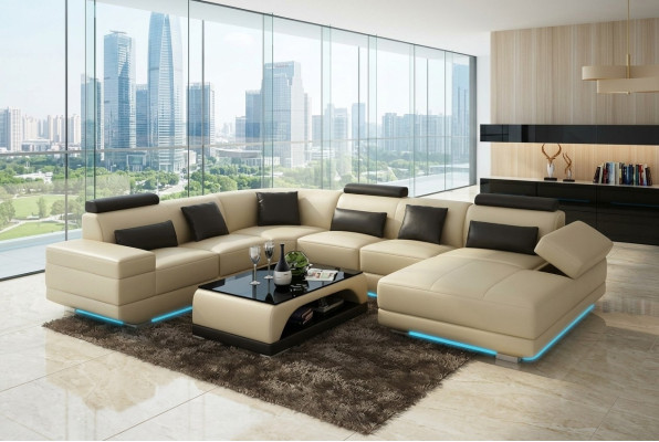 Canapé en cuir Canapé Canapé d'angle Canapé d'angle Ensemble de coins Design Moderne Canapé Beige USB