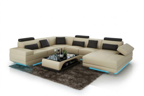 Canapé en cuir Canapé Canapé d'angle Canapé d'angle Ensemble de coins Design Moderne Canapé Beige USB