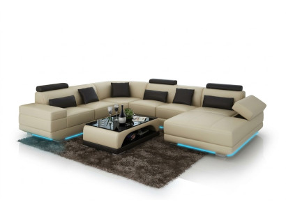 Canapé en cuir Canapé Canapé d'angle Canapé d'angle Ensemble de coins Design Moderne Canapé Beige USB