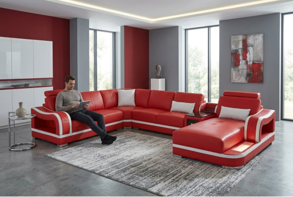 Canapé en cuir avec USB Canapé Salon Suite Living Design Moderne Canapé d'angle en U