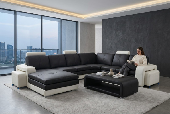 Canapé d'angle en cuir + USB, Siège rembourré de canapé, Suite de meubles de paysage design moderne.