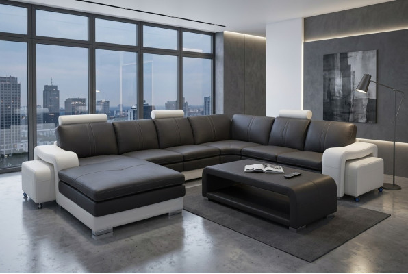 Canapé d'angle en cuir + USB, Siège rembourré de canapé, Suite de meubles de paysage design moderne.