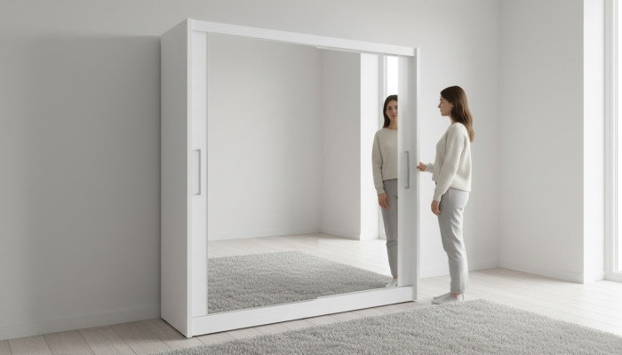 Armoire à miroir pour chambre flottante de 200 cm avec armoires à vêtements et portes coulissantes.