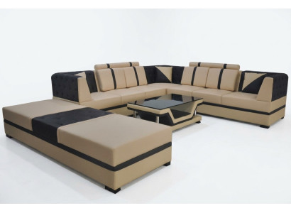 Canapé d'angle en cuir avec siège rembourré, design de paysage pour le salon, ensemble de meubles + USB
