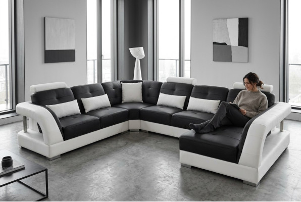 Conception Canapé d'angle en cuir de salon Moderne canapé USB d'angle Noir Suite neuf