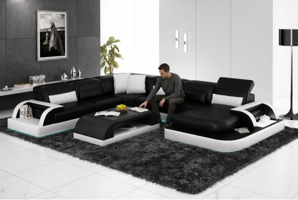 Canapé Canapé d'angle Design Paysage vivant Noir Rembourrage Siège Suite Canapé en cuir USB