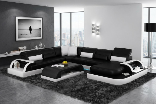 Canapé Canapé d'angle Design Paysage vivant Noir Rembourrage Siège Suite Canapé en cuir USB