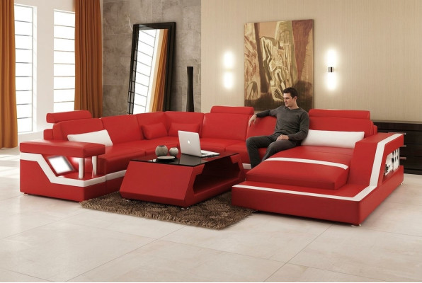 Conception Canapé d'angle moderne en cuir canapé de salon canapé de salon coin rouge USB + LED