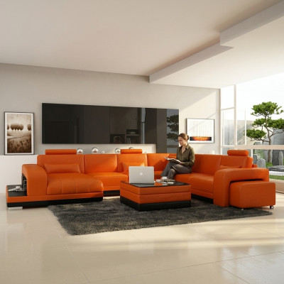 Conception Cuir Salon paysage Canape d'angle Moderne Ensemble Canape d'angle nouveau Orange USB