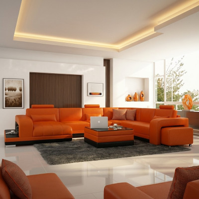 Conception Cuir Salon paysage Canape d'angle Moderne Ensemble Canape d'angle nouveau Orange USB