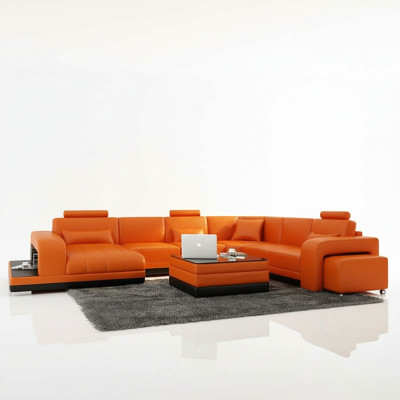 Conception Cuir Salon paysage Canape d'angle Moderne Ensemble Canape d'angle nouveau Orange USB