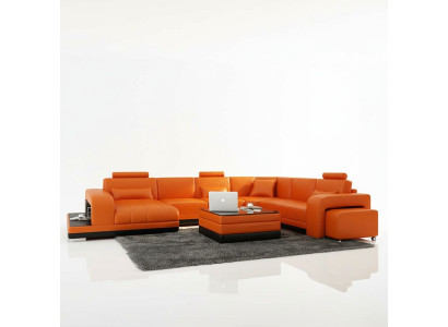 Conception Cuir Salon paysage Canape d'angle Moderne Ensemble Canape d'angle nouveau Orange USB
