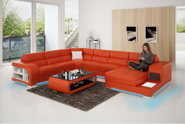 Canapé d'angle en cuir moderne avec design de canapé convertible, coin salon, canapé d'angle, canapé en cuir léger avec USB