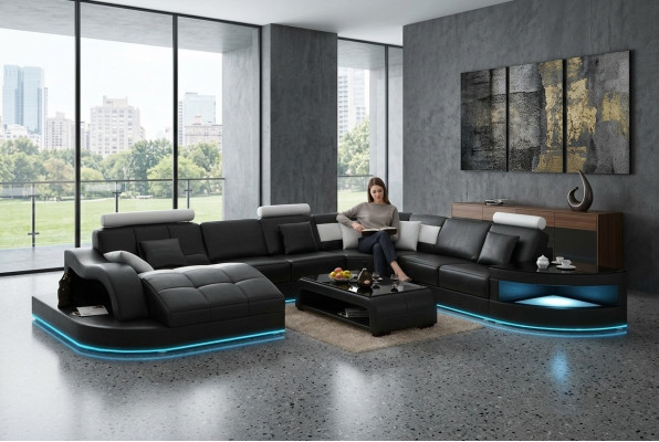 Canapé en cuir Canapé Paysage vivant Canapé d'angle Suite d'angle Design Moderne Nouveau Canapé +USB