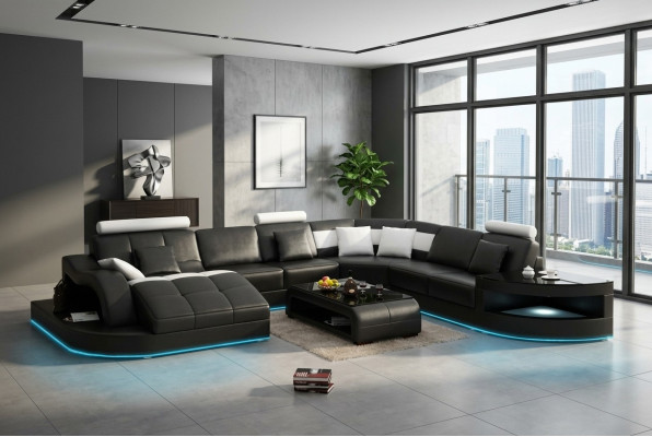 Canapé en cuir Canapé Paysage vivant Canapé d'angle Suite d'angle Design Moderne Nouveau Canapé +USB