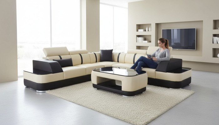 Canapé d'angle en cuir avec USB + Ensemble de canapés d'angle L-shape en cuir avec table, paysage de vie