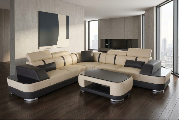 Canapé d'angle en cuir avec USB + Ensemble de canapés d'angle L-shape en cuir avec table, paysage de vie