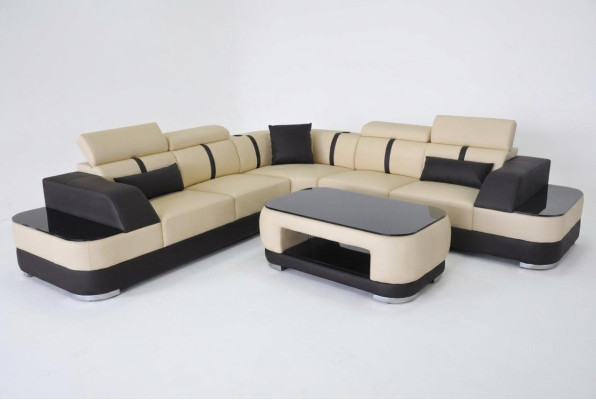 Canapé d'angle en cuir avec USB + Ensemble de canapés d'angle L-shape en cuir avec table, paysage de vie