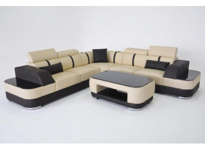 Canapé d'angle en cuir avec USB + Ensemble de canapés d'angle L-shape en cuir avec table, paysage de vie