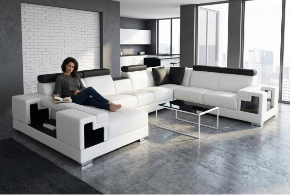 Canapé en cuir avec canapé d'angle USB, canapés de paysage vivant, canapés, canapés, suite design moderne.