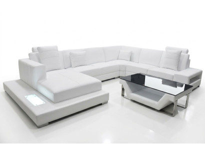 Canapé en cuir Canapé d'angle Paysage vivant Canapé Revêtement Ensemble d'angle Coin salon + Table + USB