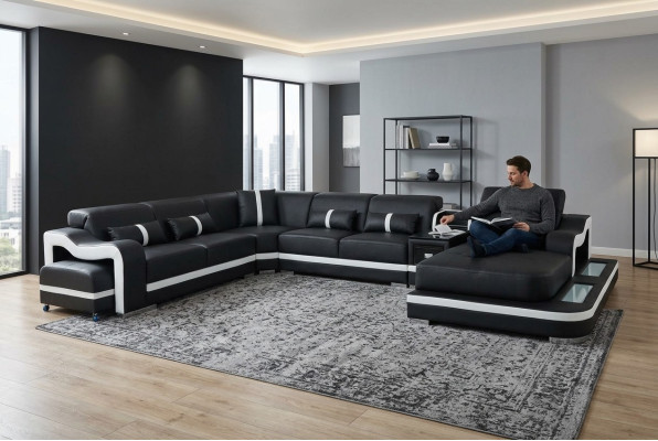 Cuir Canapé Rembourrage Siège Design Coin Suite Canapé Salon paysage + Lumière + USB