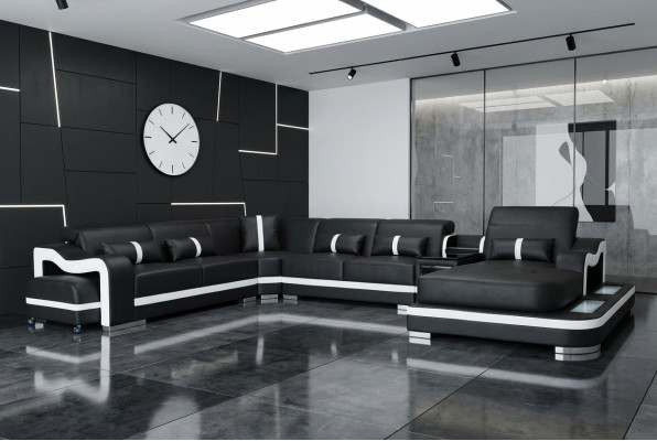 Cuir Canapé Rembourrage Siège Design Coin Suite Canapé Salon paysage + Lumière + USB