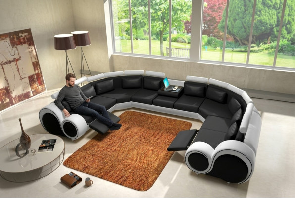 Superbe canapé d'angle en forme de U en cuir pour salon avec USB intégré