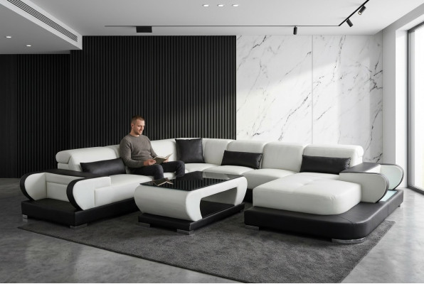 Coin canapé en cuir avec USB Salon paysage Suite Design Canapé Moderne + Table