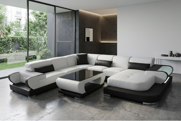 Coin canapé en cuir avec USB Salon paysage Suite Design Canapé Moderne + Table