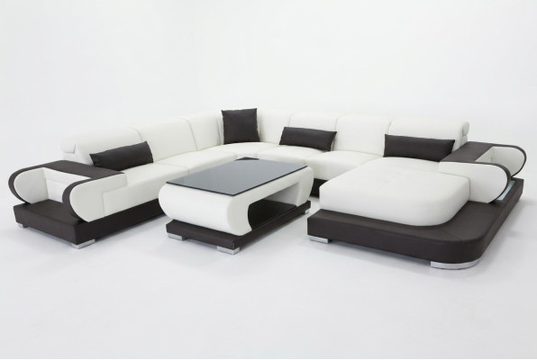 Coin canapé en cuir avec USB Salon paysage Suite Design Canapé Moderne + Table