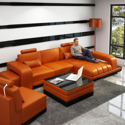 Canapé en cuir Canapé Paysage de vie Canapé d'angle Suite d'angle Canapé design USB Orange nouveau