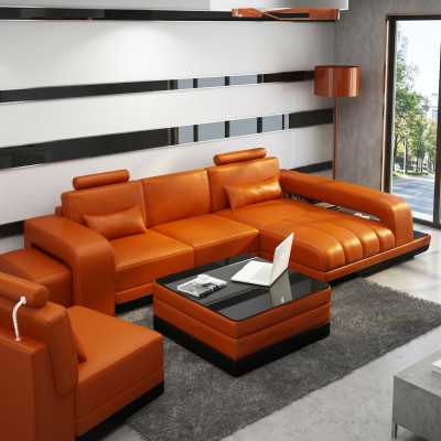 Canapé en cuir Canapé Paysage de vie Canapé d'angle Suite d'angle Canapé design USB Orange nouveau