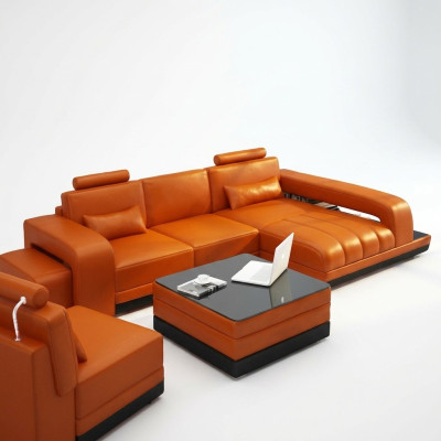 Canapé en cuir Canapé Paysage de vie Canapé d'angle Suite d'angle Canapé design USB Orange nouveau