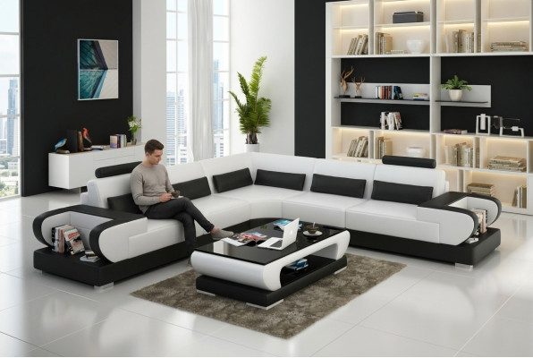 Canapé en cuir canapé Canapé paysager en cuir Suite d'angle Design Canapé moderne avec USB Canapé d'angle