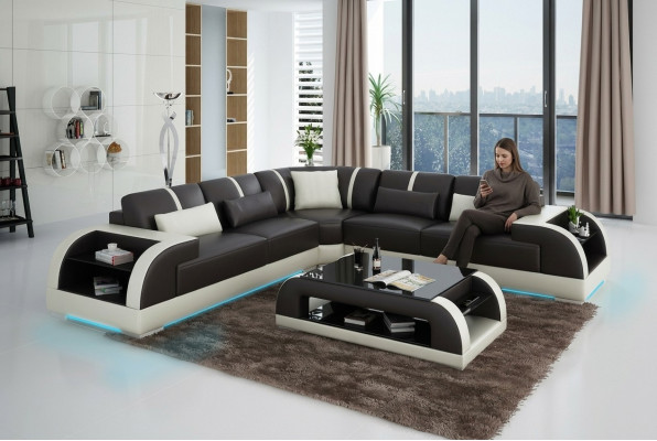 Canapé en cuir Canapé Paysage vivant Canapé d'angle Suite d'angle Design Moderne LED USB Sofa