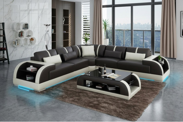 Canapé en cuir Canapé Paysage vivant Canapé d'angle Suite d'angle Design Moderne LED USB Sofa